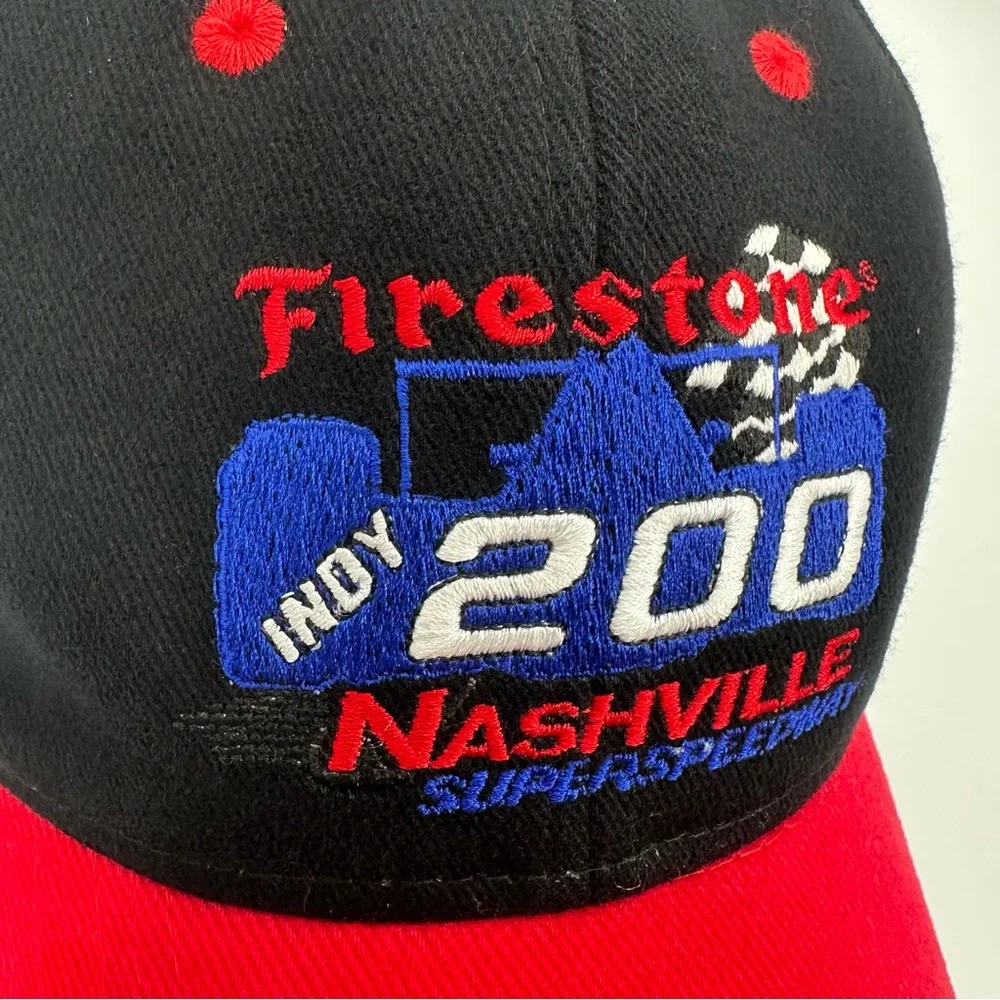 Firestone Indy 200 Nashville Superspeedway Hat Black Red Adjust Strap OS Racing